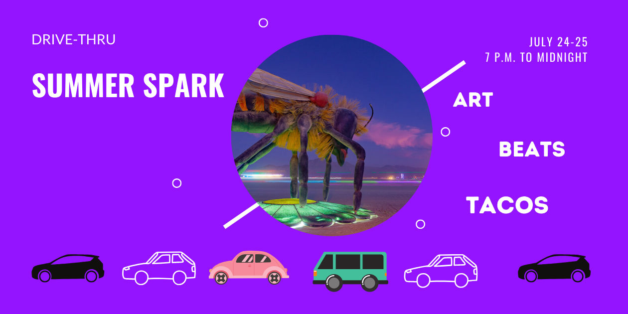 Large sculpture of Bee among the art set for Summer Spark drive-thru art event